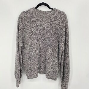 H&M Marled Knit Fisherman Sweater Womens XL Gray White Balloon Sleeve Cottage